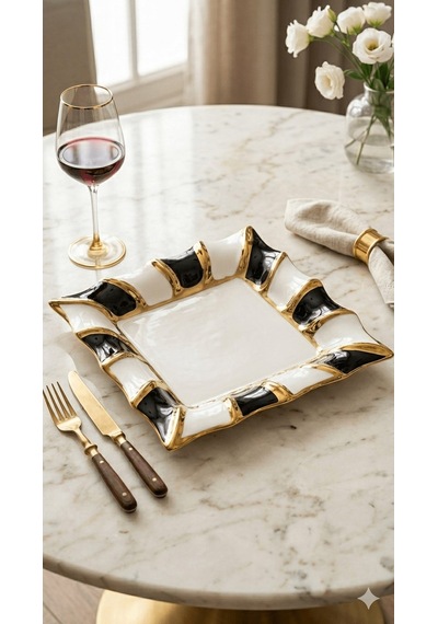 Sembol Porselen Kare Sunum Tabağı Siyah-beyaz-gold 25,5 Cm
