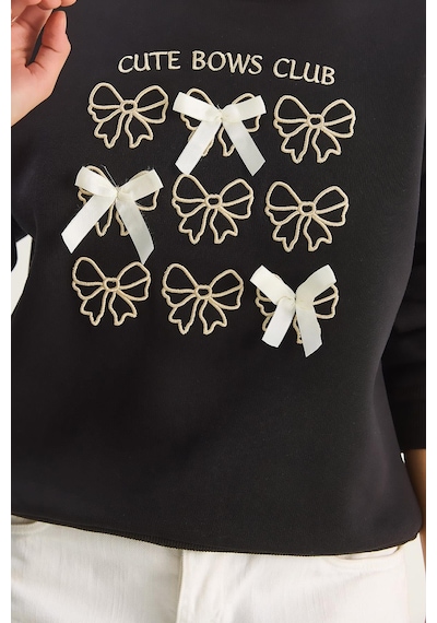 Shade Kadın Fiyonk Nakışlı Kurdele Aksesuarlı Üç İplik Şardonlu Sweatshirt 60601048 - Siyah