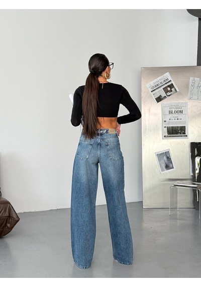 Desenli Kuşak Detaylı Geniş Paça Mavi Denim Pantolon Mavi