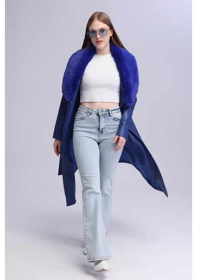 Selectmoda Kadın Peluş Yaka Deri Görünümlü Uzun Kaban Lacivert