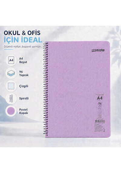 Mynote Flex Pastel A4 96 Yaprak 60 Gr Spiralli Çizgili Defter Mor