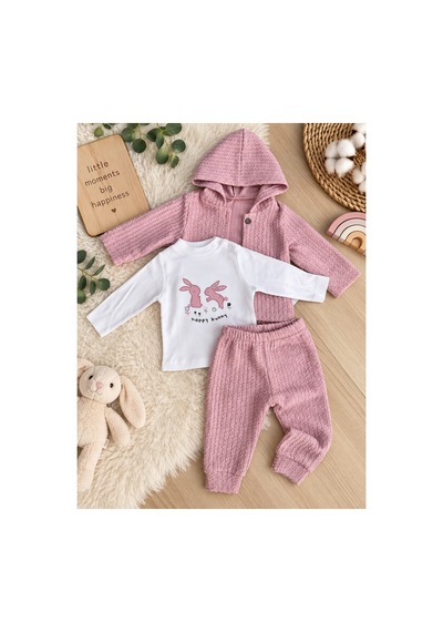 Uğur Bebe Kız Bebek Jakarlı Takım 3 Parça Kapüşonlu Hırka Tavşan Baskılı Üst Pantolon Pudra Pembe Pudra Pudra Uğur Bebe Kız Bebek Jakarlı Takım 3 Parça Kapüşonlu Hırka Tavşan Baskılı Üst Pantolon Pudra Pembe Pudra Pudra