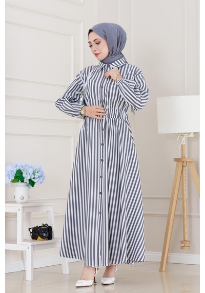 Sevitli Çizgili Cepli Tesettür Elbise-siyah-5132 Siyah