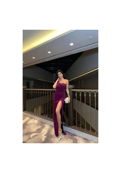 Lior Design Kadın Şık Model Tek Omuz Yırtmaçlı Abiye Elbise Açık Mor