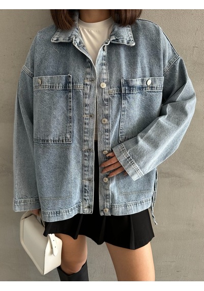Esra Butik78 Açık Mavi Yıkamalı Oversize Kot Ceket Çift Cepli Salaş Denim Ceket