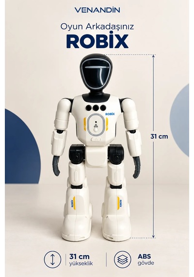 Venandin Robix Türkçe Konuşan Uzaktan Kumandalı Akıllı Robot Adam - Şarjlı, Led Işıklı, Dans Eden Eğitici Oyuncak Robot 31 Cm