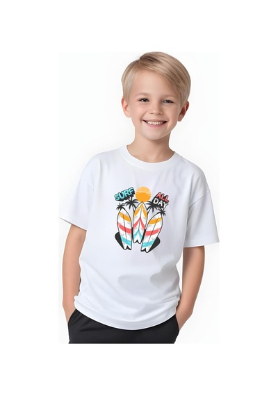 Fyk Kids Erkek Çocuk Yuvarlak Yaka Surf All Day Baskılı T-shirt Beyaz
