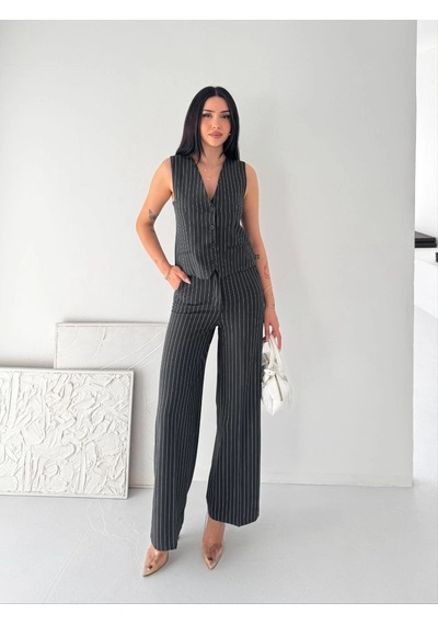 Moda Kadın Çizgili Tansel Kumaş Yelek Pantolon İkili Takım Ofis Şık Modern - Füme Çok Renkli