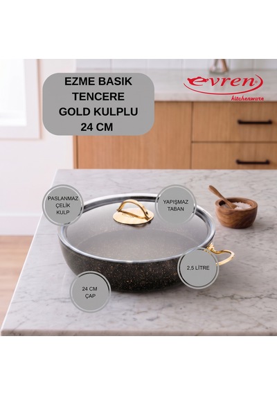 20 Cm Goldstone Ezme Seri Granit Basık Tencere, Non-stick Pilav Karnıyarık Tenceresi 1,7 Lt Çelik Kulp 24 Cm