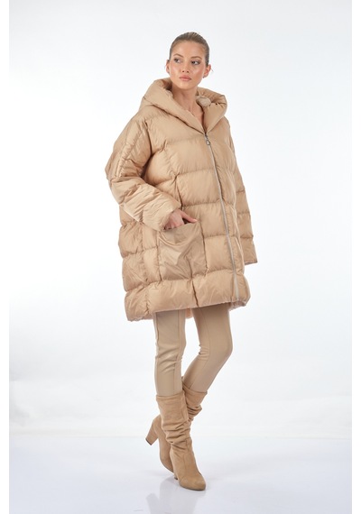 Monalure Kapüşonlu Oversize Bej Kadın Mont 1102644