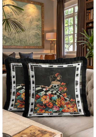 Çiçekli Retro Sanat Saçaklı Yastık Kılıfı - Kadın Figürlü Bohem Siyah Renkli Püsküllü Kırlent Kılıfı Mat Fırtına Pembe Çiçekli Retro Sanat Saçaklı Yastık Kılıfı - Kadın Figürlü Bohem Siyah Renkli Püsküllü Kırlent Kılıfı Mat Fırtına Pembe