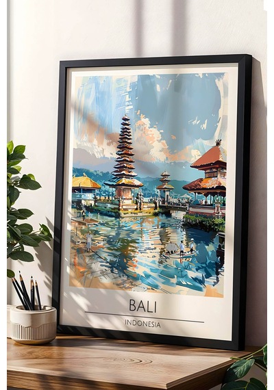 Endonezya Bali Temalı Çerçeveli Tablo Travel Serisi Modern İllüstrasyon Egzotik Duvar Dekoru Siyah