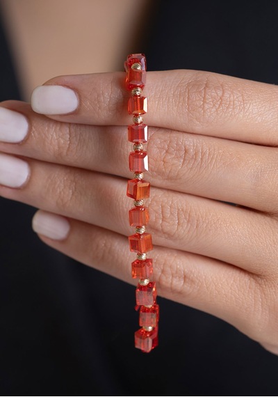 14 Ayar Altın Kırmızı Taşlı Dorika İpli Bileklik 5 Mm Sarı Altın