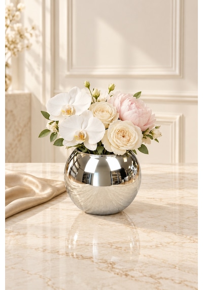 Rova Tr Botanica 43417 Dekoratif Metalik Kaplamalı Cam Vazo 825 Cc 10,25 Cm Gümüş