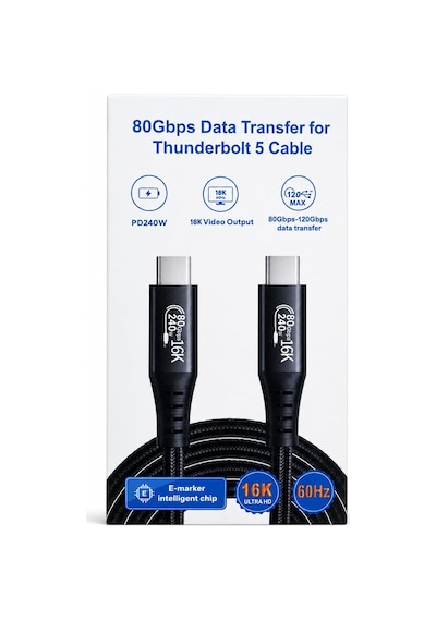 Coverzone Thunderbolt 5 Usb-c To Usb-c Kablo,ent 80gbps-120gbps Veri Transferi, Pd240w Power Delivery, 16k 60hz Video Çıkışı, E-marker Akıllı Çip, Thunderbolt 3/4/5 Uyumlu 1 Metre Zr1322 Siyah