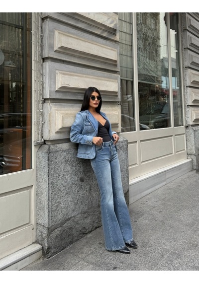 Out Of Standart Kadın Midwaist Flare Yüksek Bel Geniş Paça Jean Pantolon İce Blue
