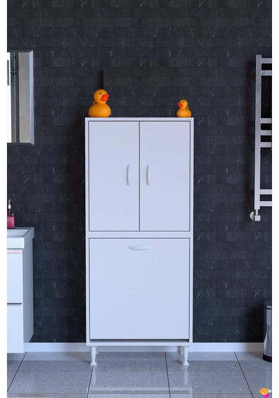 Deniz Kirli Sepetli Ve Kapaklı Raflı, Çok Amaçlı Banyo Dolabı - 55 X 138 X 32,5 Cm 55 Cm