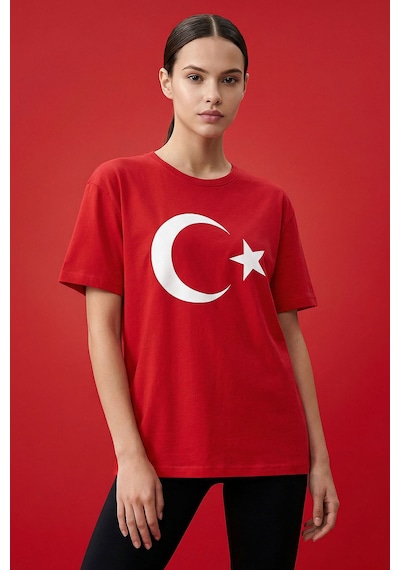 Tommy Life Kırmızı Ay Yıldız Baskılı Unisex T-shirt - 88509 KIrmızı