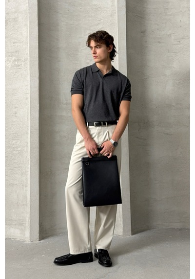 Erkek Oversize Pamuklu Polo Yaka Triko T-shirt Antrasit