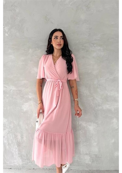 Neşeli Butik Kadın Kruvaze Yaka Kuşaklı Şifon Elbise Nbk4115 Pembe