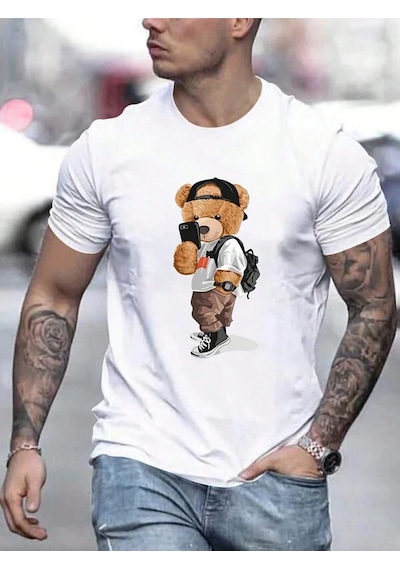 Cool Bear T-shirt - Beyaz Baskılı Oversize Bisiklet Yaka Kısa Kol Tişört Beyaz