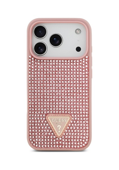 Apple Uyumlu iPhone 17 Pro Kılıf Guess Lisanslı Taşlı Arka Yüzey Üçgen Logolu Kapak Pembe