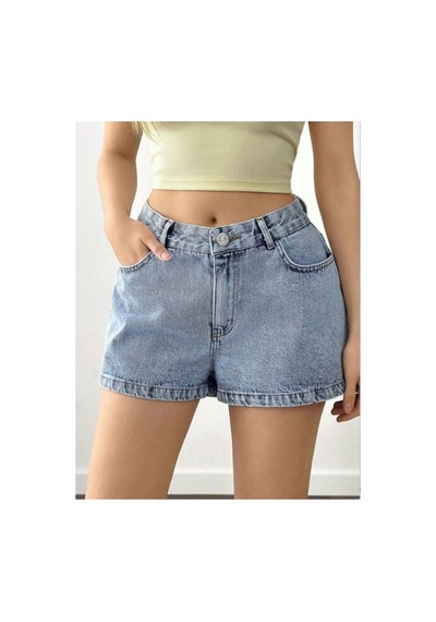 Kene Jeans Arka Tek Cep Nakışlı Kısa/mini Buz Kar Denim Şort Mavi