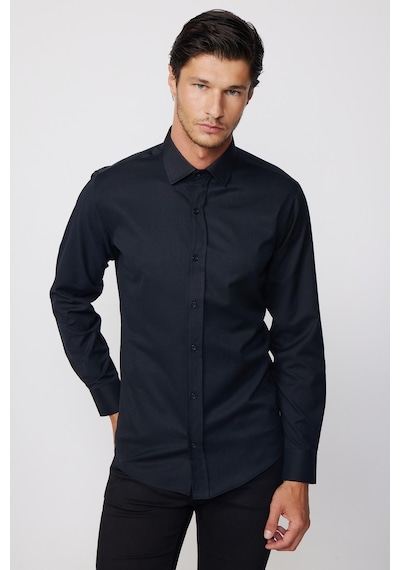 Tudors Modern Slim Fit Uzun Kollu Pamuklu Kolay Ütü Armürlü Siyah Erkek Gömlek-28350 Siyah