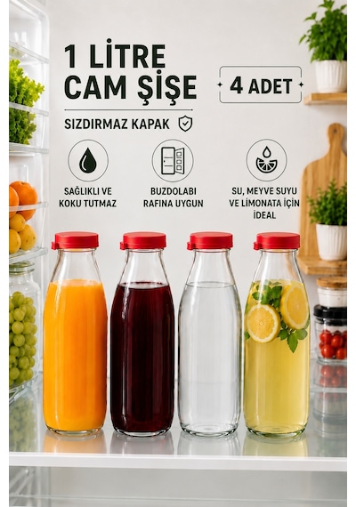 Rotanev 4 Adet 1 Litre Şeffaf Sürahi Süt, Ayran, Su, Limonata, Meşrubat Şişesi Plastik Kapaklı Cam Şişe