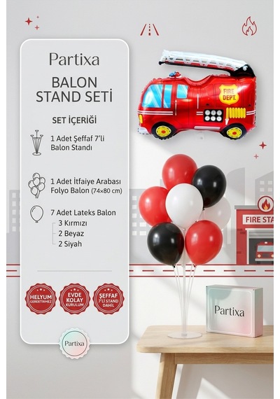 İtfaiye Arabası Balon Stand Seti Şeffaf 7 Li Stand + İtfaiye Arabası Folyo Balon 74 80 Cm + 7 Lateks Balon