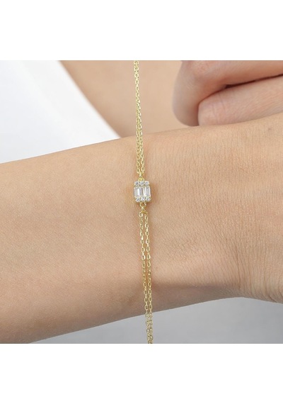 Mia Vento Pırlanta Montür Minimal Dörtgen Baget Gold Renk Gümüş Bileklik