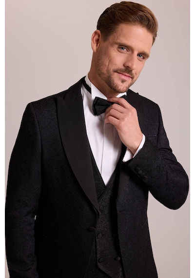 Ysf Erkek Siyah Damatlık Slim Fit Kırlangıç Yaka Desenli