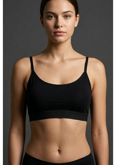 Mataş Kadın İnce İp Askılı Pedli Pamuklu Büstiyer Crop Bralette Siyah