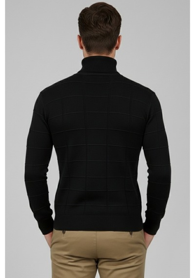 Deepsea Erkek Siyah Kare Desenli Balıkçı Yaka Slim Fit Boğazlı Triko Kazak 2505493 Siyah