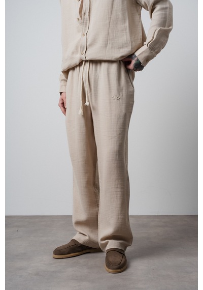 Respire Erkek R Nakışlı Müslin Baggy Pantolon Bej