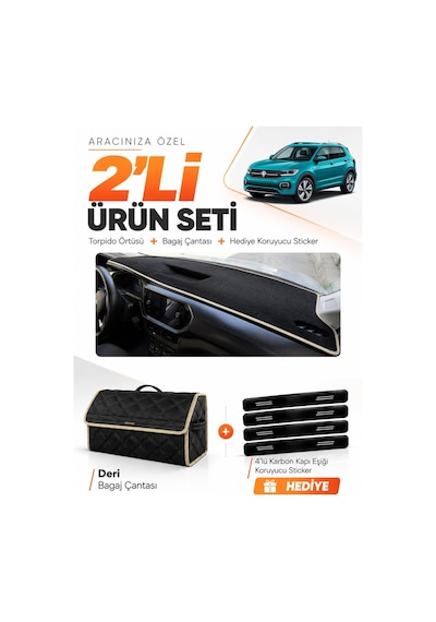 Volkswagen T-cross 2021-2023 Uyumlu Torpido Örtüsü + Deri Bagaj Çantası + Sticker Seti - Siyah Bej