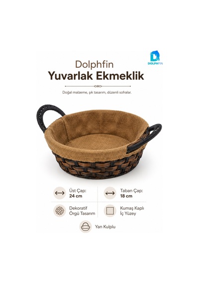 Yuvarlak Hasır Ekmeklik 24 Cm Kumaş Kaplı Dekoratif Ekmek Sepeti Yan Kulplu Kahverengi