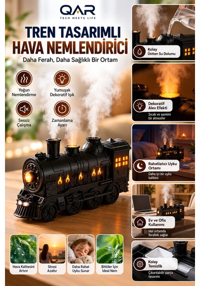Siyah Tren Tasarımlı Hava Nemlendirici Dekoratif Masa Üstü Ortam Nemlendirici Kumandasız