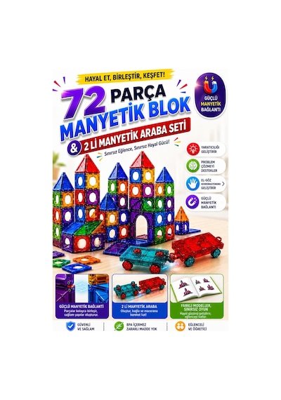72 Parça Manyetik Yapı Blokları Ve 2'li Manyetik Araba Seti Eğitici Yapı Ve Tasarım Oyuncağı