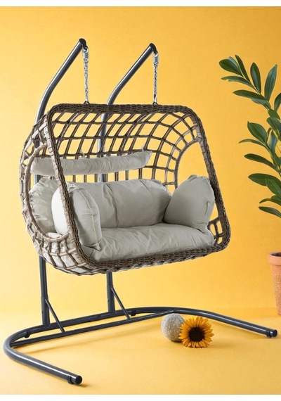 Salyan Elma Dilimi Tasarım Rattan İki Kişilik Bahçe & Balkon Salıncağı Minderli, Dayanıklı Metal Gövde Kahverengi Salyan Elma Dilimi Tasarım Rattan İki Kişilik Bahçe & Balkon Salıncağı Minderli, Dayanıklı Metal Gövde Kahverengi
