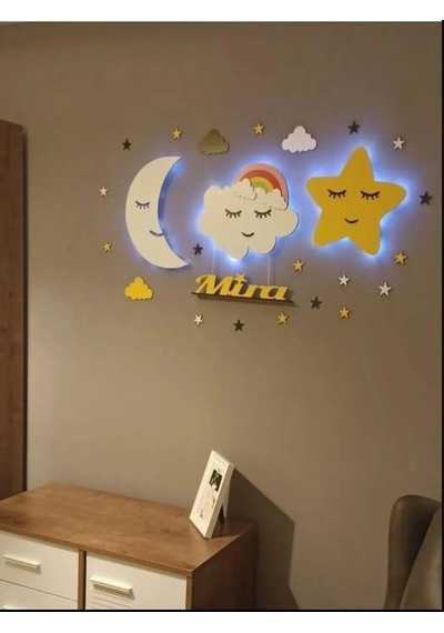 Çocuk Odası Dekoratif Ahşap Ay Gökkuşağı Bulut Yıldız Gece Lambas