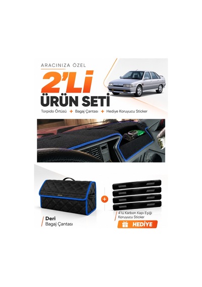 Renault 21 Concorde 1990-1996 Uyumlu Torpido Örtüsü + Deri Bagaj Çantası + Sticker - Siyah Mavi