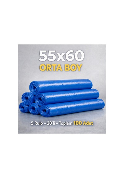 Orta Boy Mavi Çöp Poşeti 55 60 Cm 5 Rulo Toplam 100 Adet