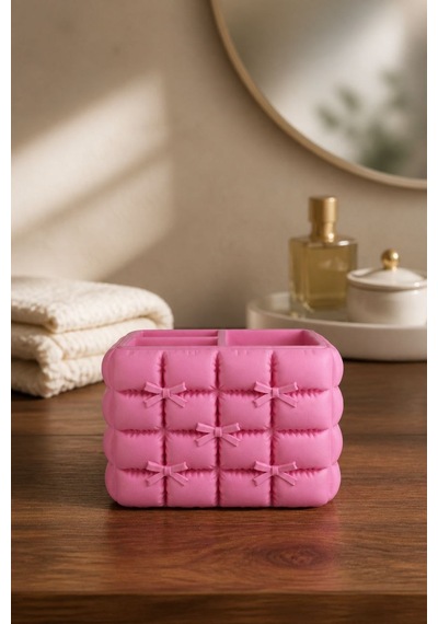 Fiyonk Detaylı Puffy Masaüstü Organizer 3d Baskı Makyaj Ve Kalemlik Düzenleyici Pembe - Pembe