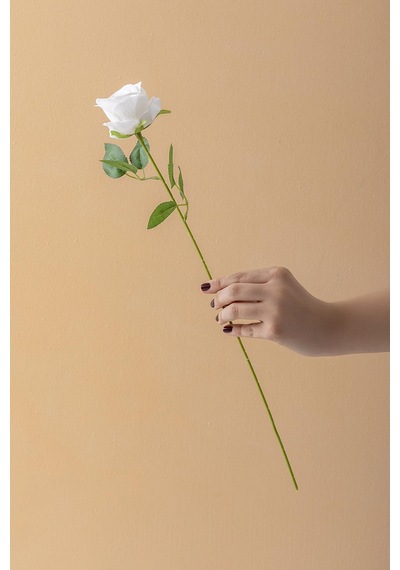 Yapay Kadife Gül Tek Dal Beyaz 50 Cm
