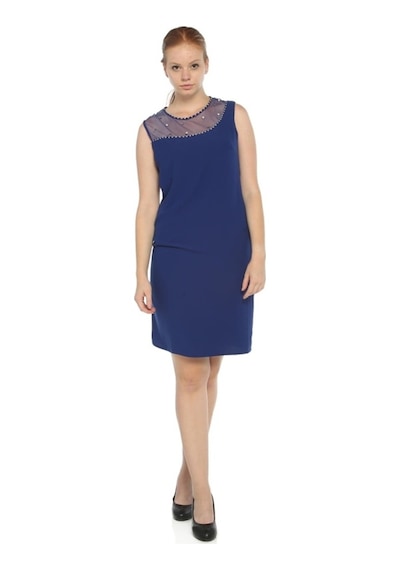 4011Asx-Nidya Moda Büyük Beden Elbise Krep Saks Mavi