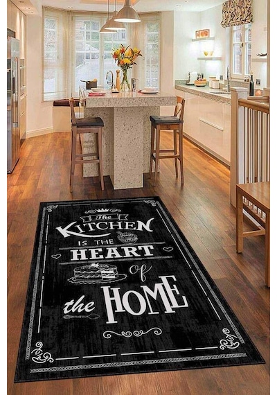 Siyah Kaymaz Tabanlı Kitchen Yazılı Mutfak Halısı Ar465n11