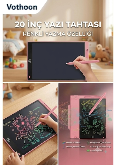 20 Inc Renkli Lcd Grafik Dijital Kalemli Çizim Tableti Yazı Tahta Not Yazma Eğitim Tableti Pembe
