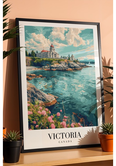 Victoria Canada Vintage Seyahat Posteri Çerçeveli Tablo - Premium Parlamento Elit Duvar Dekoru Siyah