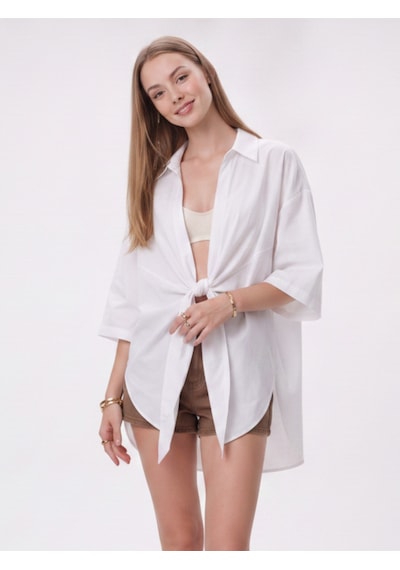 Pera Moda Önden Bağlamalı Uzun Kimono Yazlık İnce Gömlek Hırka Modeli Beyaz